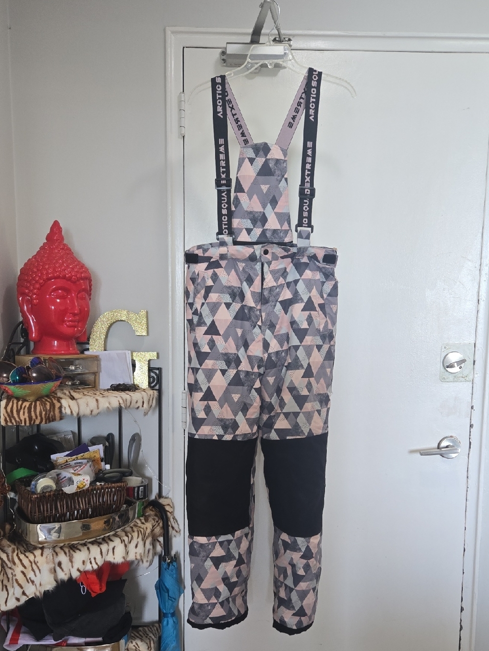 Geo-Print Women's Ski Jumpsuit with Branded Suspenders - Pink & Gray